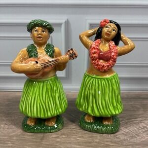 Clay Art Hula Dancer Ukulele Player Salt Pepper Shakers Set Green Hawaiian Tiki